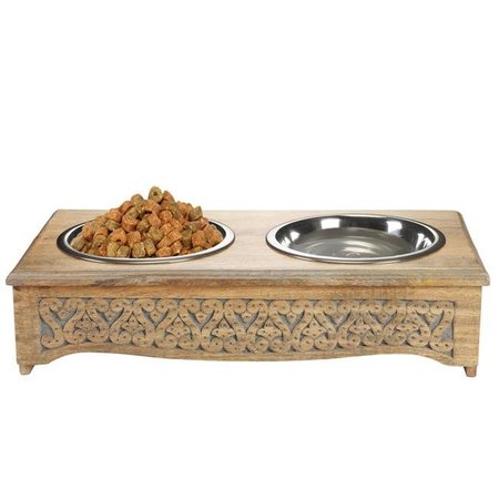 LR HOME LR Home PETMS20009MLT2105 Handmade Mango Wood Elevated Rectangle Double Pet Feeder with Engraved Geometric Design - 8.5 x 3 in. PETMS20009MLT2105